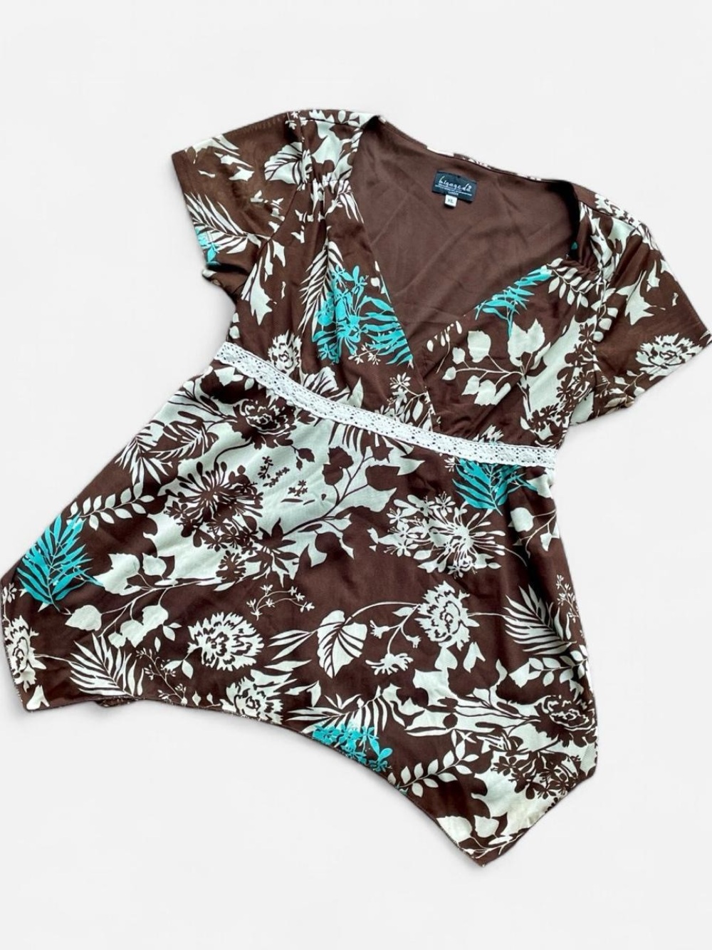 Brown Floral V-Neck Tunic with White and Teal Accents